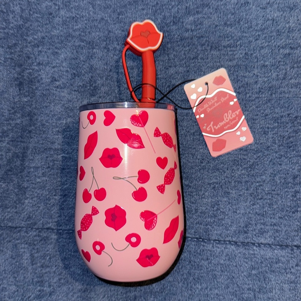 Tumbler, Insulated Tumbler, NEW, Pink  w/Hearts, Lips, Cherries & Candy